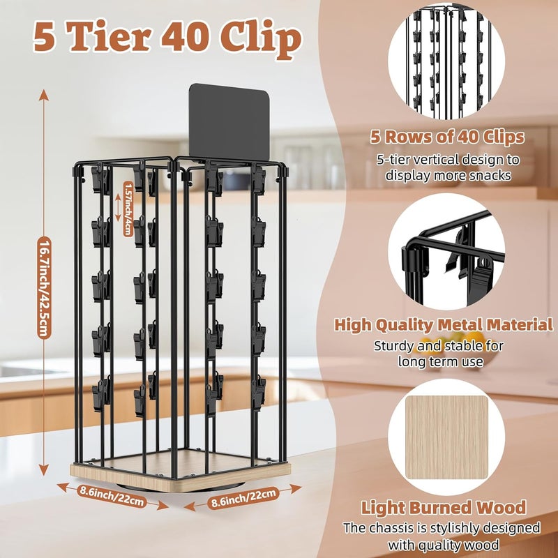 OFUSUY Chip Rack Display Stand, 5 Tiers 40 Clips Display Stand, 360°Rotating Wooden Base Chip Bag Holder for Concession Stand, Snack Organizer for Christmas Party, Retail, with Message Board - Image 3